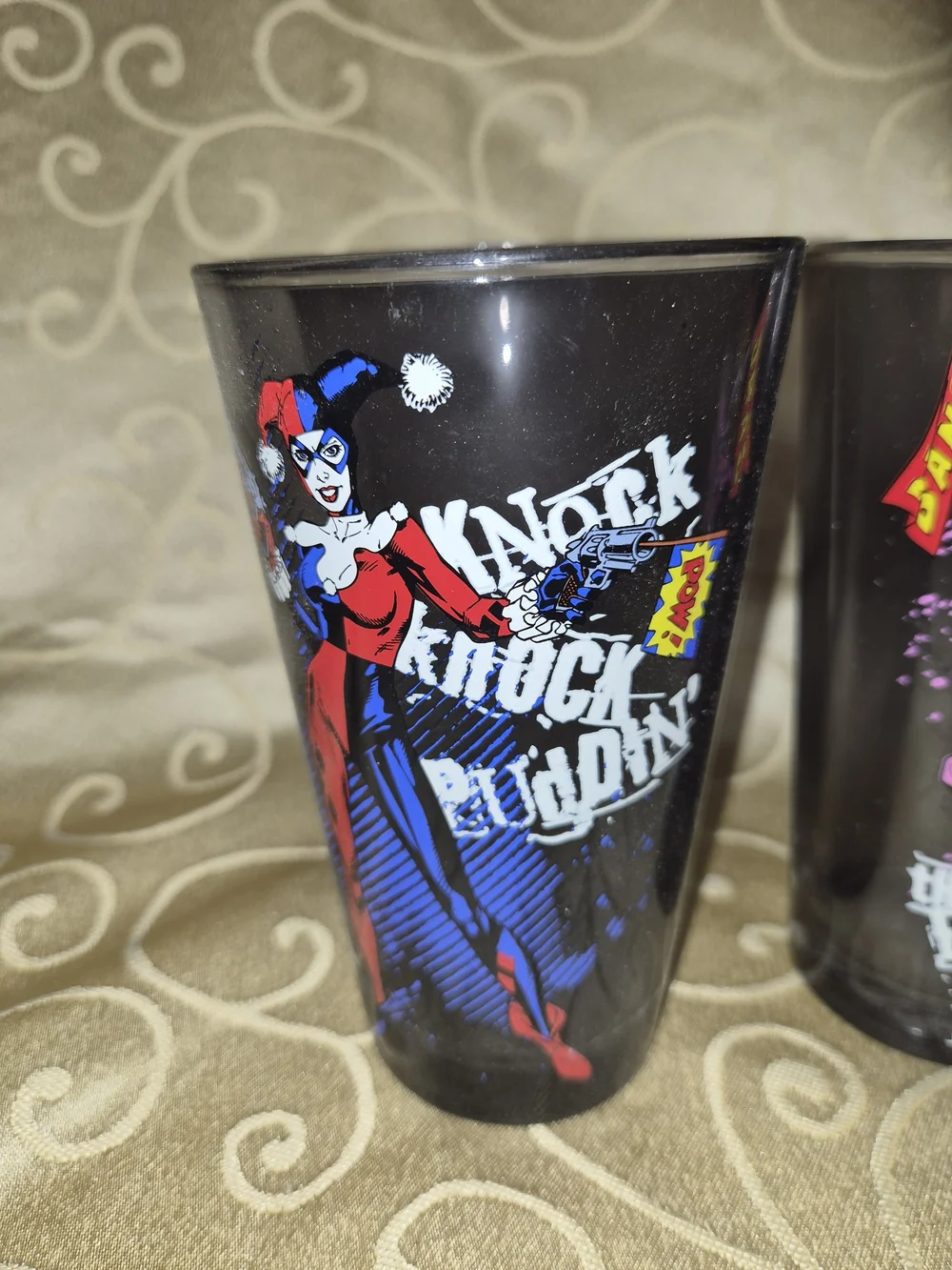 DC Comics Harley Quinn & Joker Two-Pack Pint Glasses - Black, Pink, Blue
